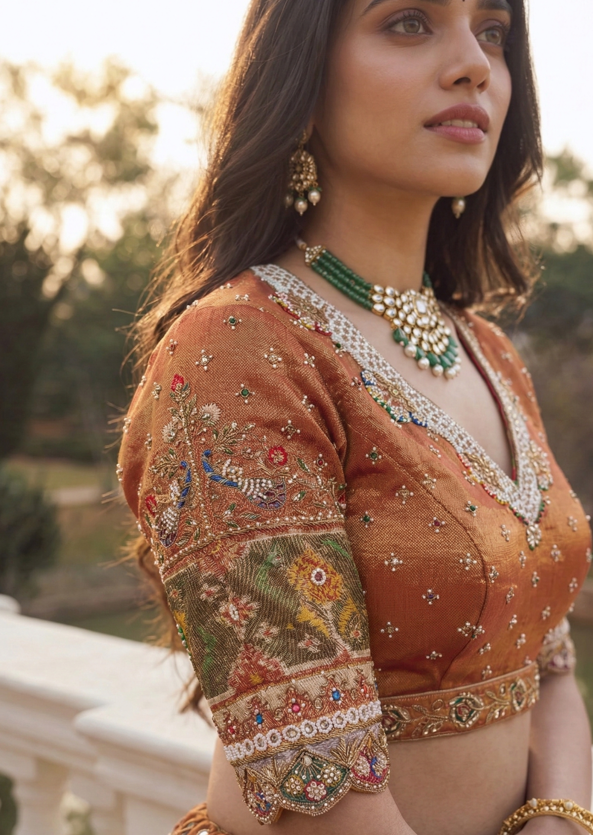 Metallic Red & Green Mochi Work Kanjiwaram Tissue Lehenga Set
