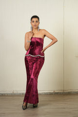 Maroon Hand Embroidered Velvet Corset With Pants