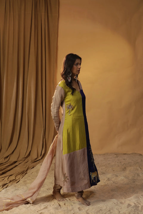 Blue Block Print Leopard Scarf Suit Set