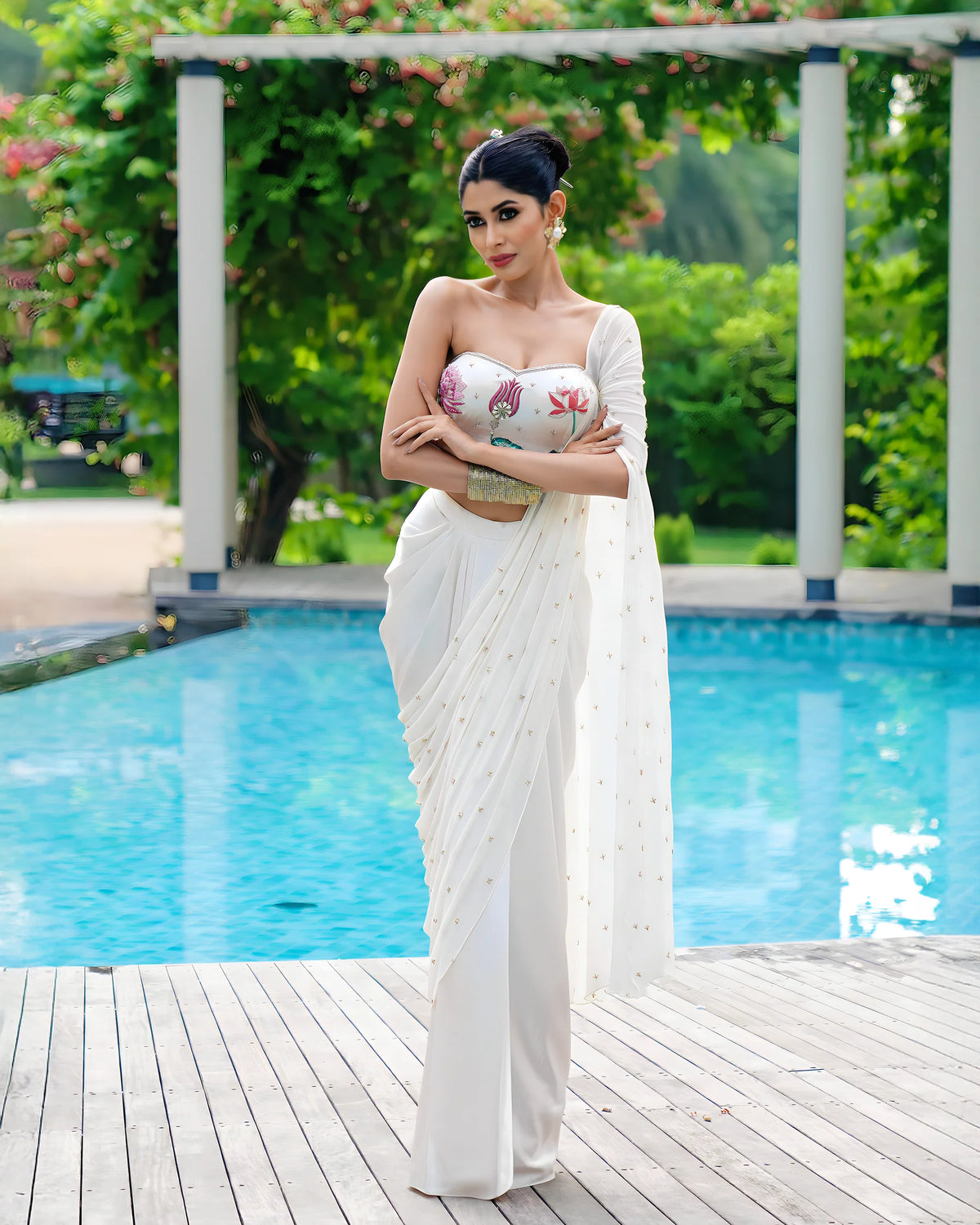 White Hand Embroidered Georgette Saree