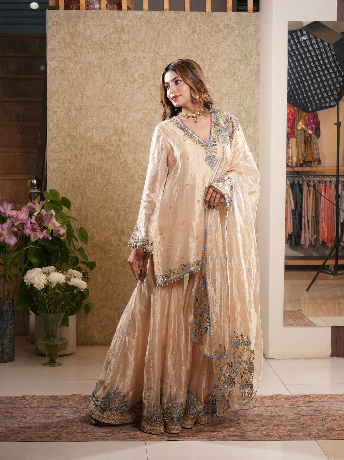 Taraash-Golden Tissue Embroided Sharara Set