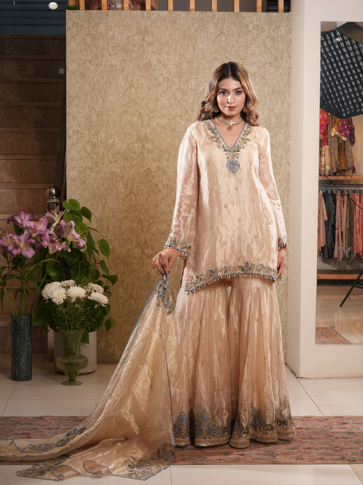 Taraash-Golden Tissue Embroided Sharara Set
