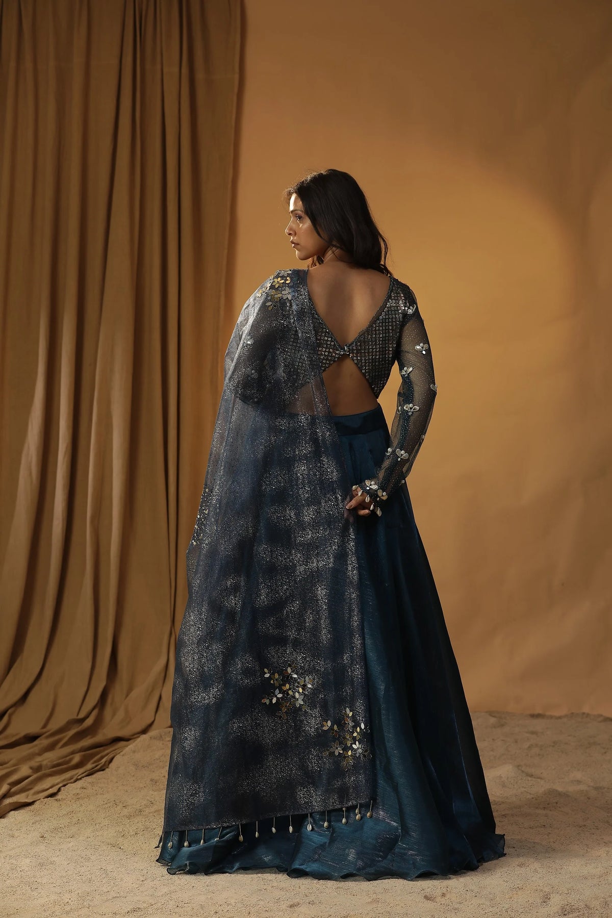 Navy Blue Organza Lehenga Set