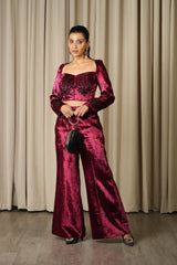 Maroon Hand Embroidered Velvet Blouse With Pants