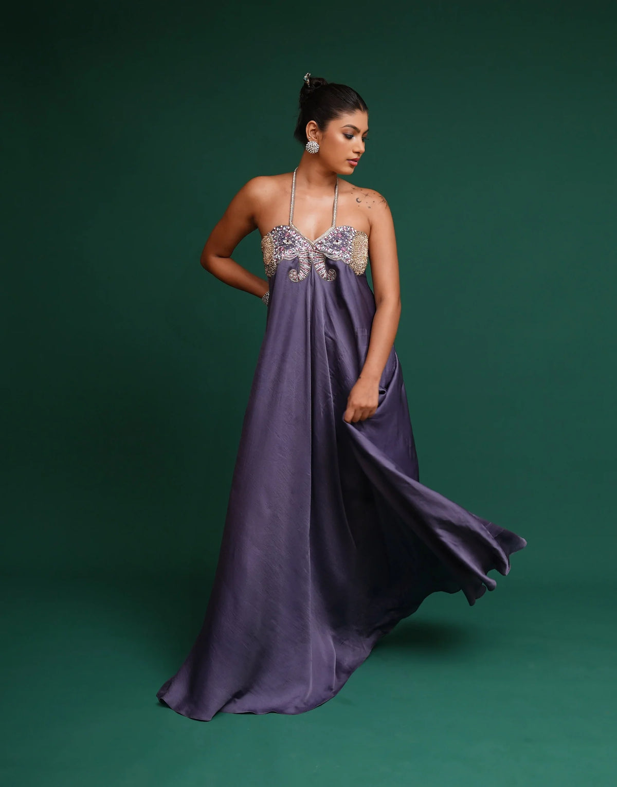Grey Hand Embroidred Maxi Dress