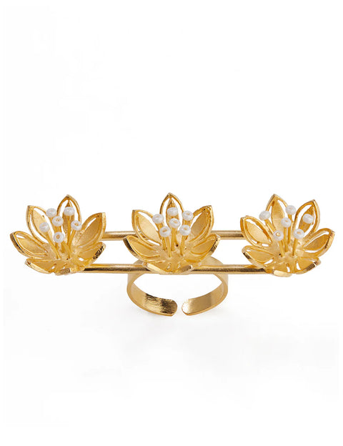 Pearly Golden Flower Three Finger Ring