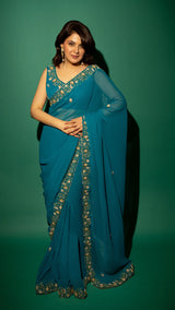 Peacock Blue  Hand Embroidered Saree Organza And Matching Floral Embroidered Blouse