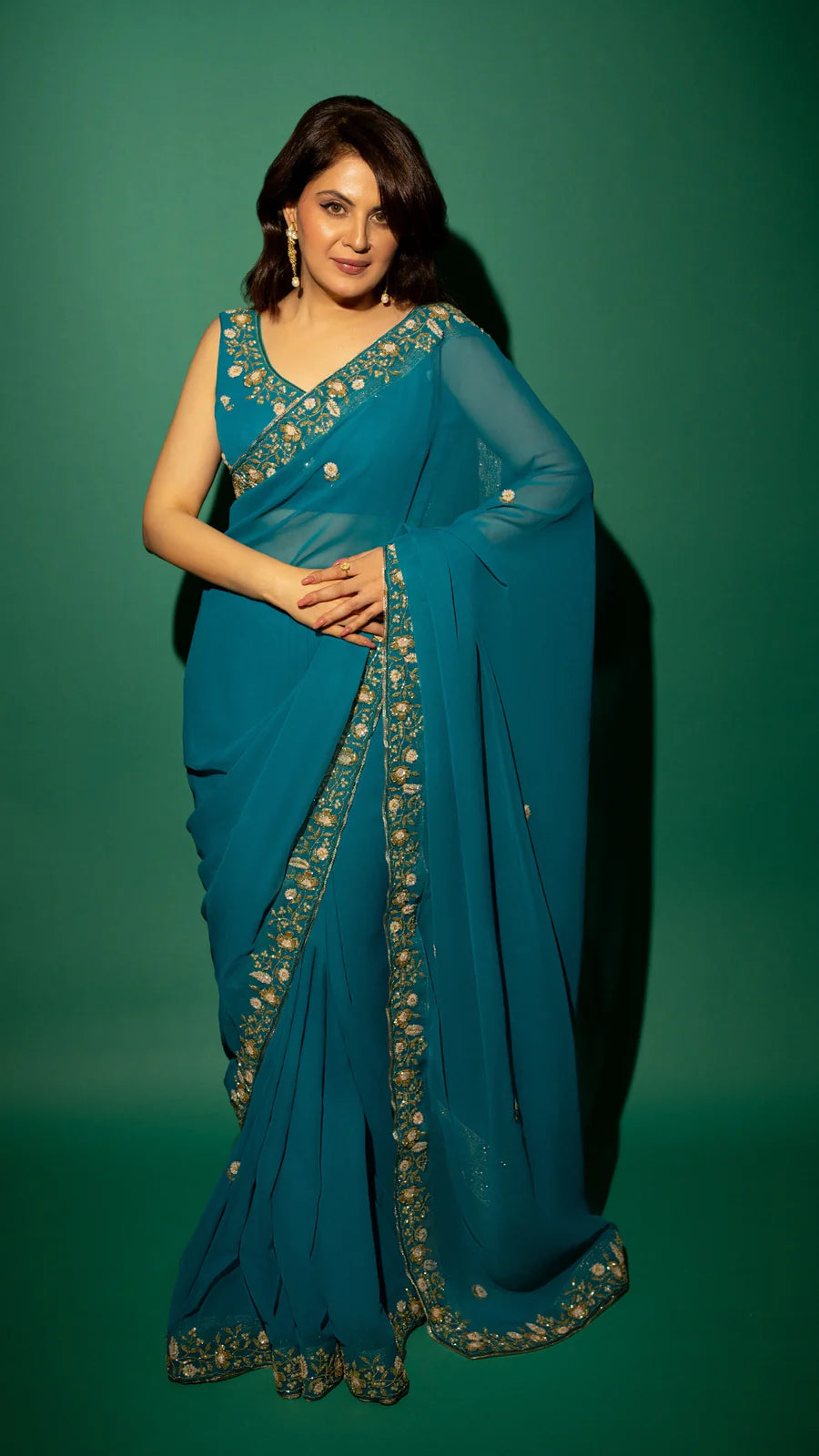 Peacock Blue  Hand Embroidered Saree Organza And Matching Floral Embroidered Blouse