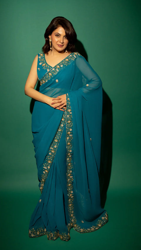 Peacock Blue  Hand Embroidered Saree Organza And Matching Floral Embroidered Blouse