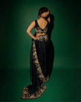 Dark Blue Silk Organza Zardozi Sequins Saree With Bead Handwork And Matching Floral Blouse