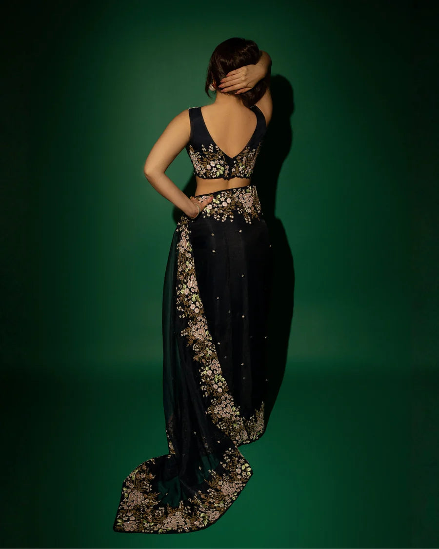 Dark Blue Silk Organza Zardozi Sequins Saree With Bead Handwork And Matching Floral Blouse