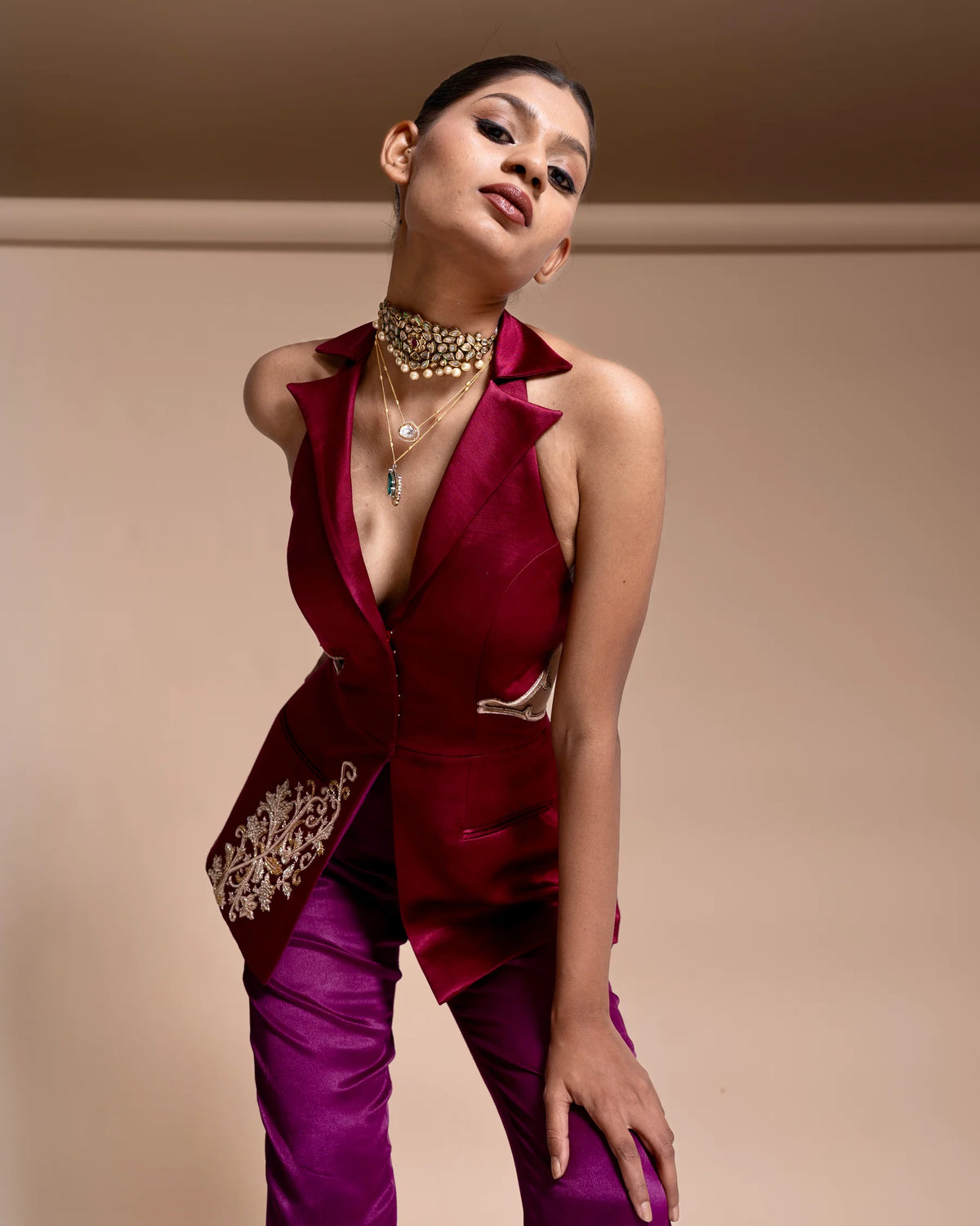 Maroon Hand Embroidered Blazer With Violet Pants