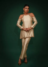 Green Hand Embroidred Cut-Shoulder Co-Ord Set