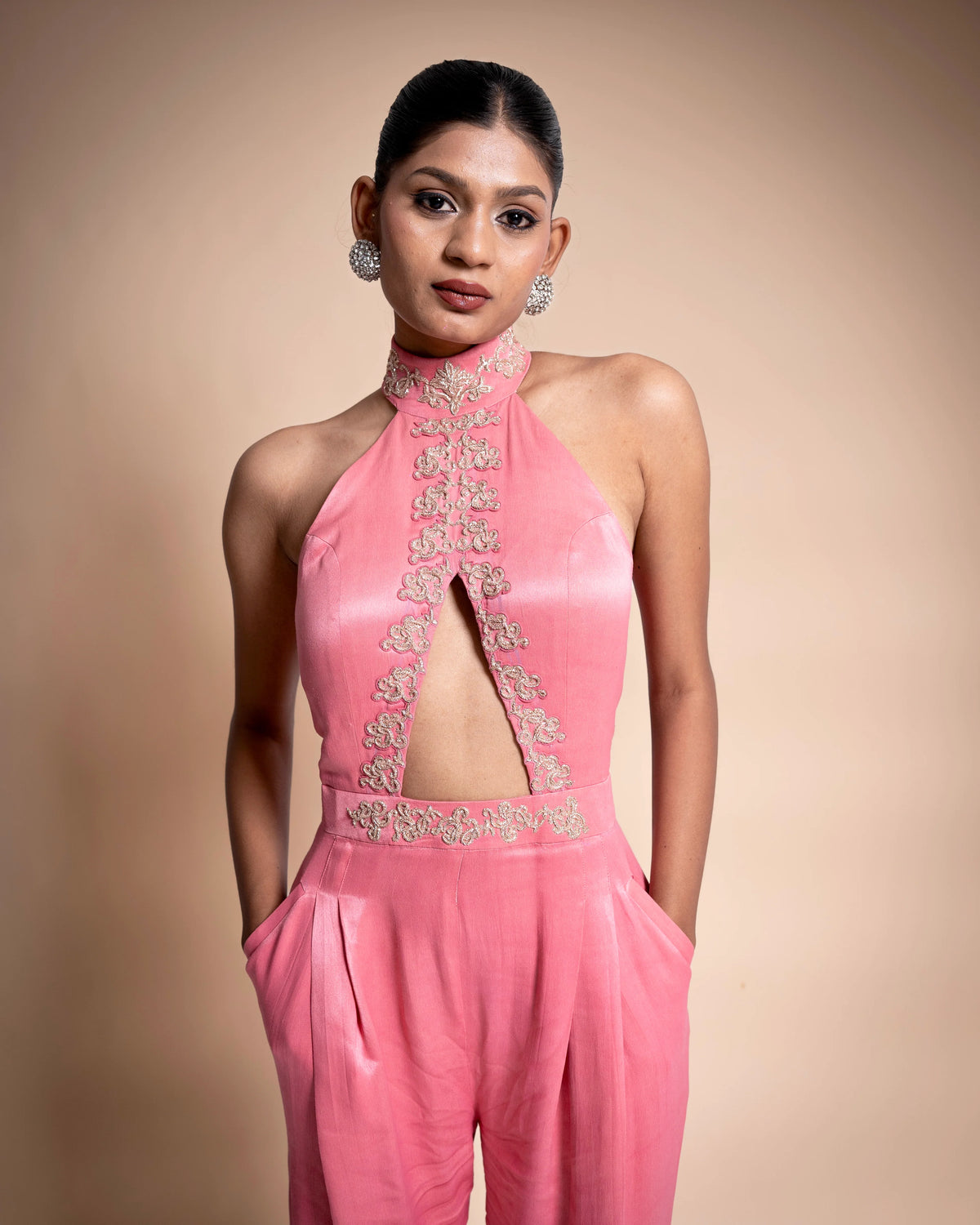 Pink Hand Embroidered Satin Jumpsuit