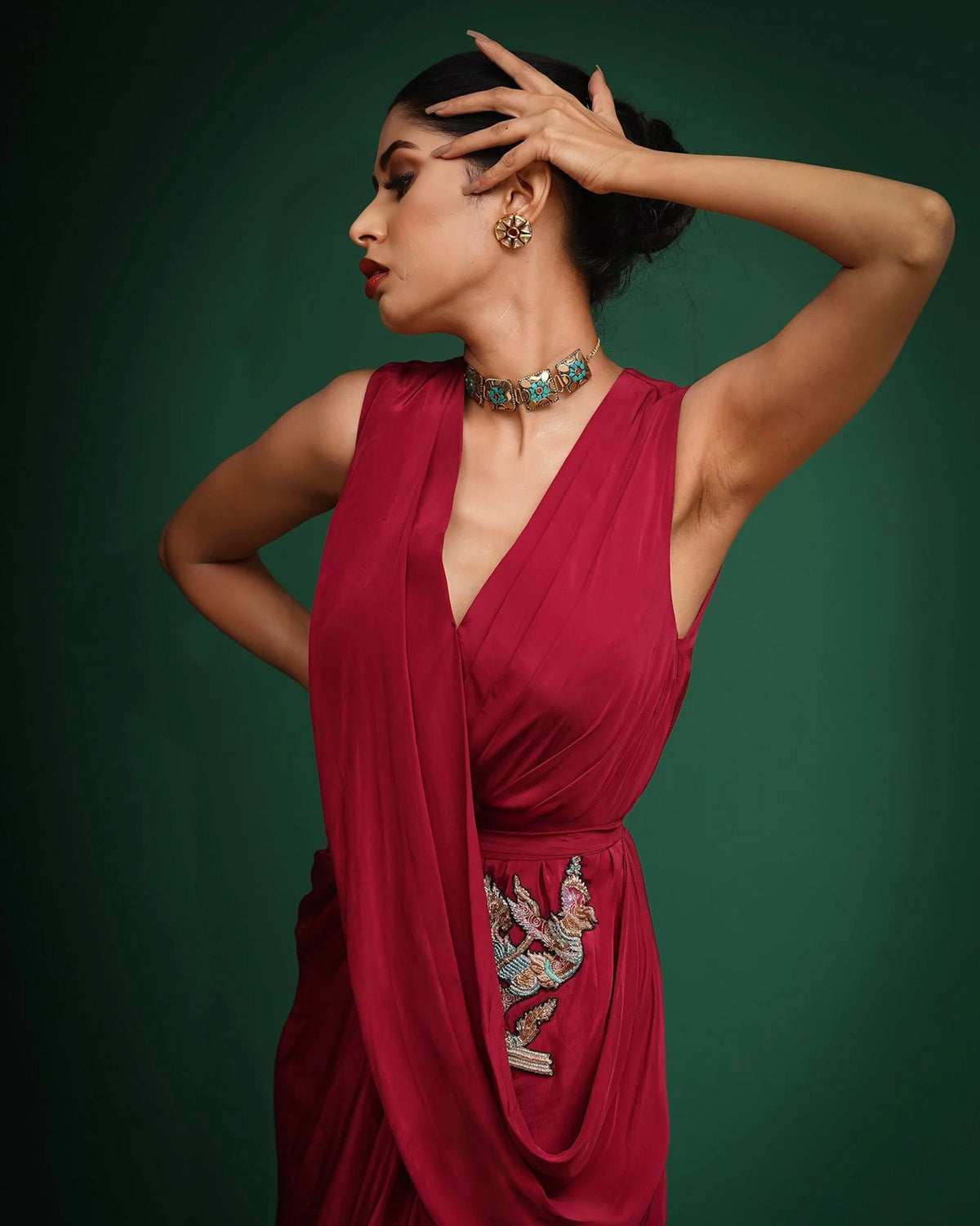 Maroon Hand Embroidered Crepe Drape Dress With Belt
