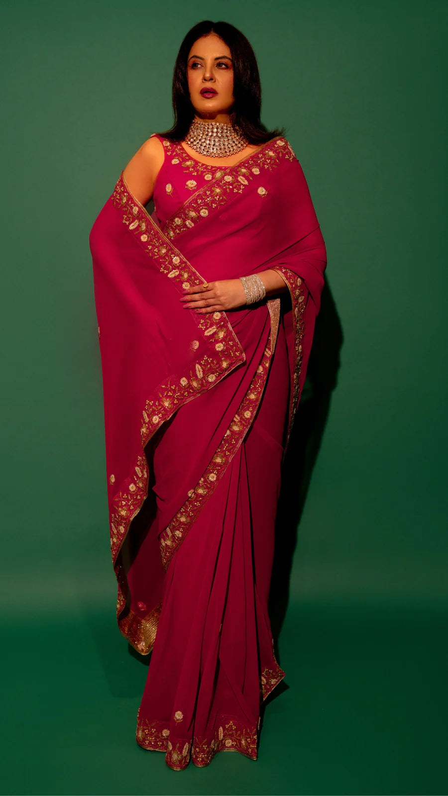 Pink Hand Embroidered Saree Organza And Matching Floral Embroidered Blouse