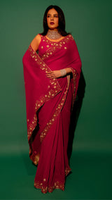 Pink Hand Embroidered Saree Organza And Matching Floral Embroidered Blouse