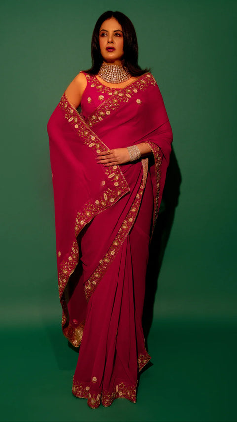 Pink Hand Embroidered Saree Organza And Matching Floral Embroidered Blouse