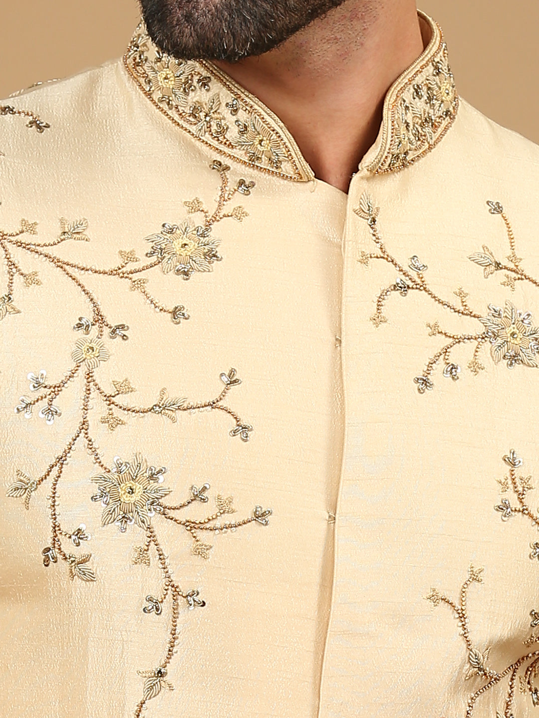 Biscuit Resham & Zardosi Embroidered Sherwani Set