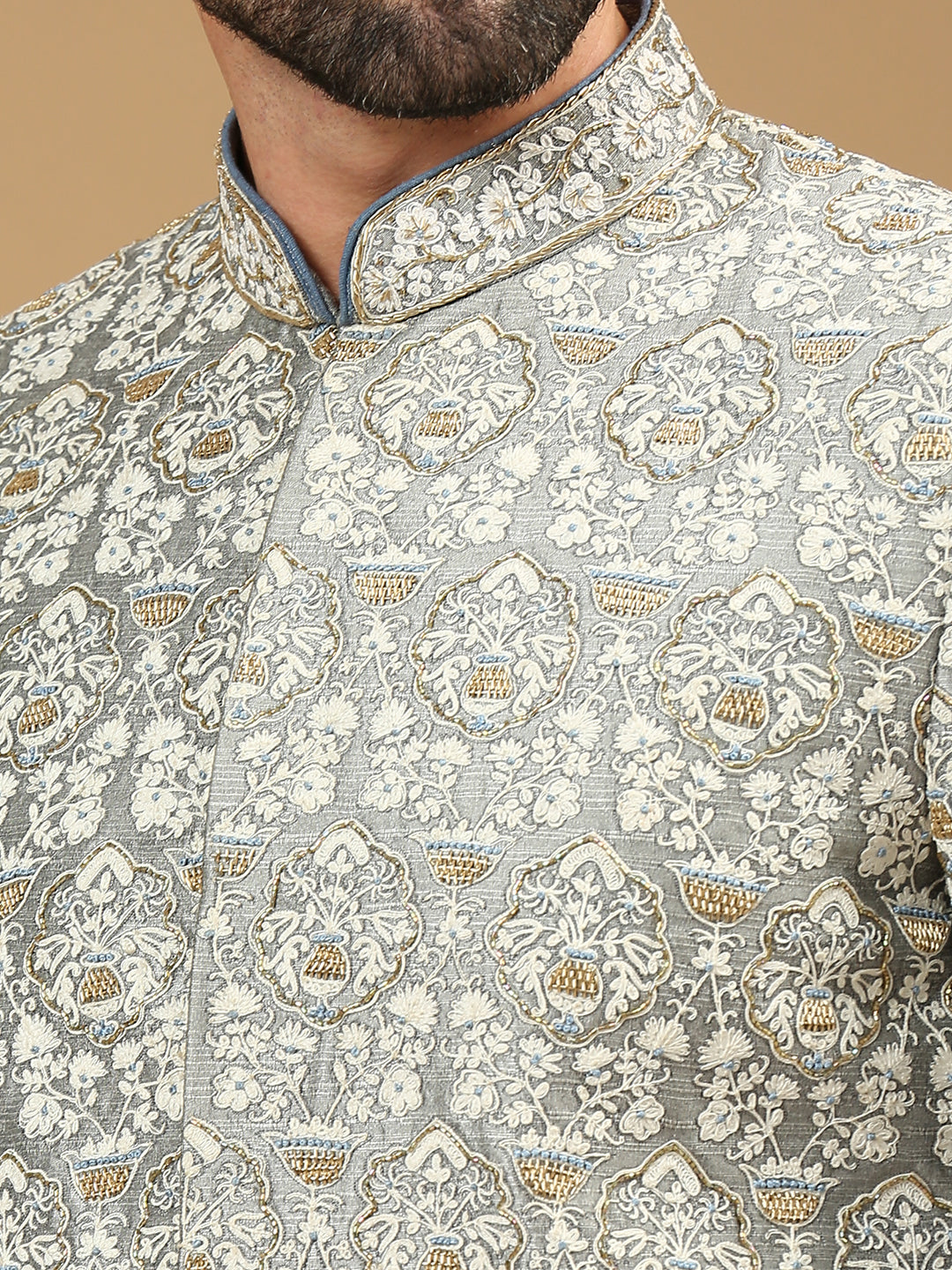 Grey Dupion Silk Embroidered Sherwani Set