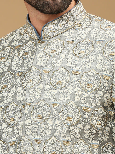 Grey Dupion Silk Embroidered Sherwani Set