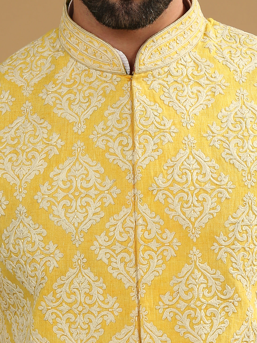 Yellow Embroidered Jacket & White Kurta Set