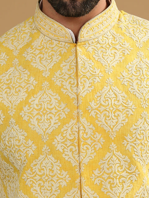 Yellow Embroidered Jacket & White Kurta Set