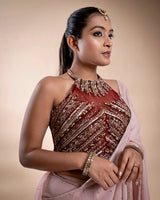 Pink And Maroon Organza Saree With Hand Embroidered Blouse