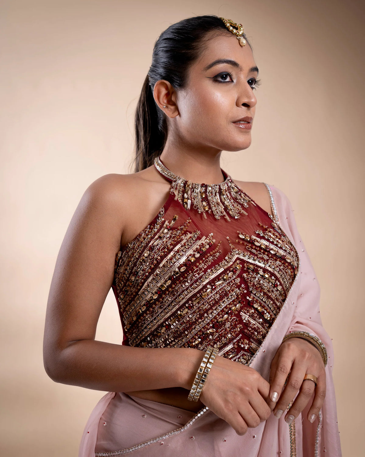 Pink And Maroon Organza Saree With Hand Embroidered Blouse