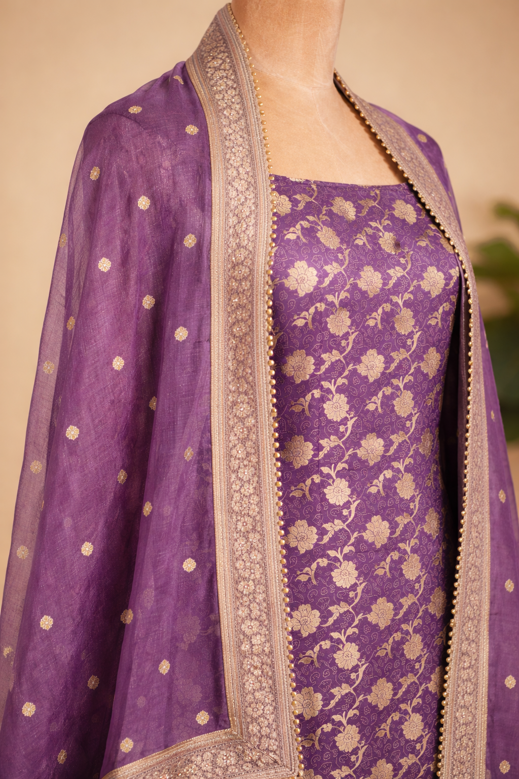 Banarsi Silk Suit With All Over Zari Weaving Work