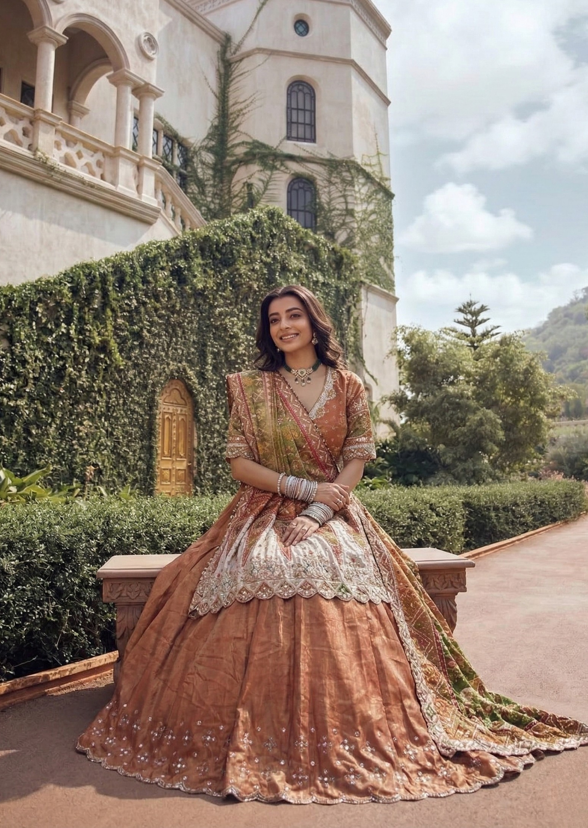 Metallic Red & Green Mochi Work Kanjiwaram Tissue Lehenga Set