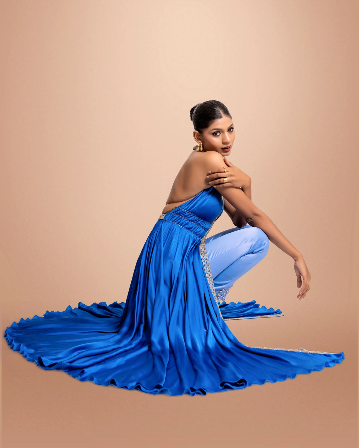 Blue Hand Embroidered Satin Cape Dress With Pants
