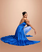 Blue Hand Embroidered Satin Cape Dress With Pants