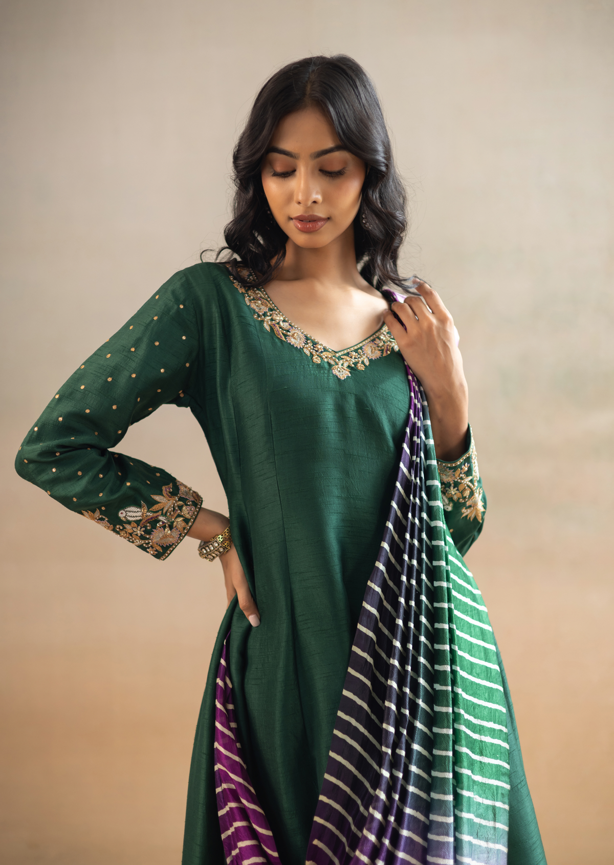 Vibrant Emerald Zardozi Silk Lehariya Kalidar Suit