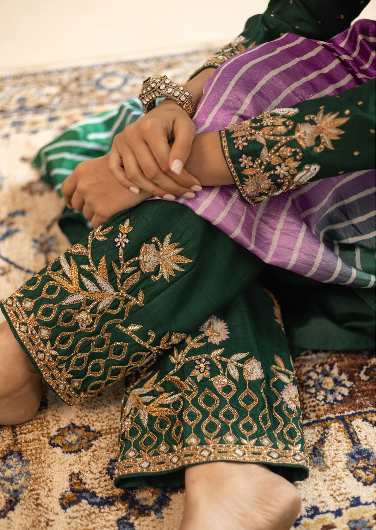 Vibrant Emerald Zardozi Silk Lehariya Kalidar Suit