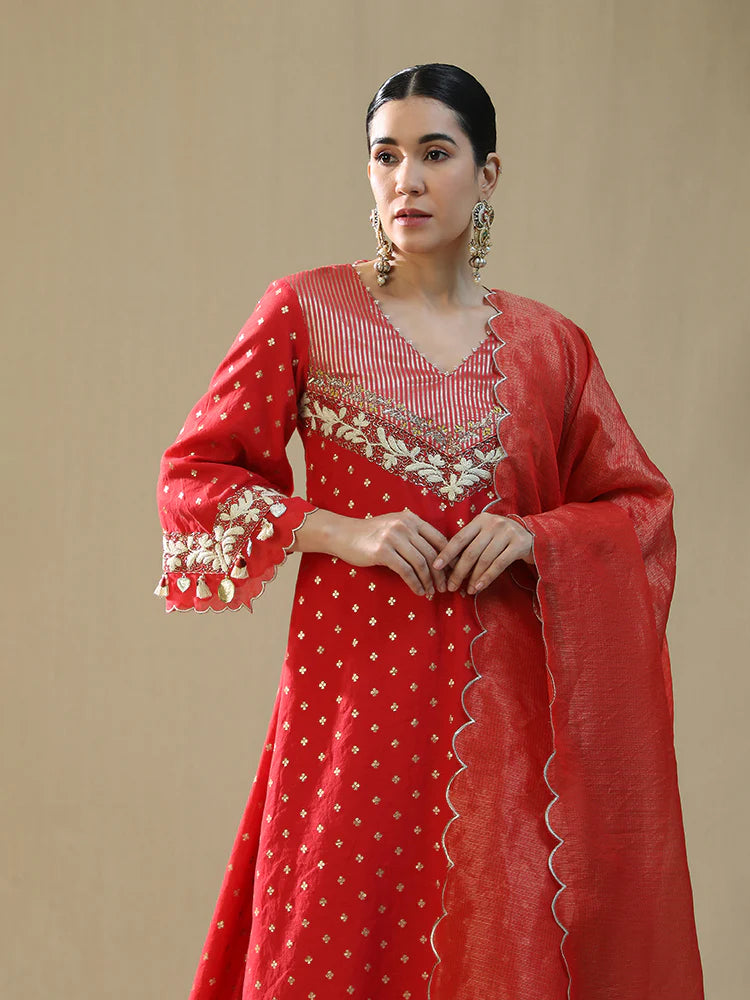 Red Self Chanderi Suit Set