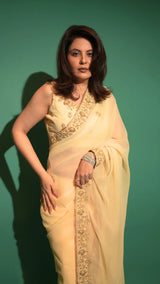 Yellow Hand Embroidered Saree Organza And Matching Floral Embroidered Blouse