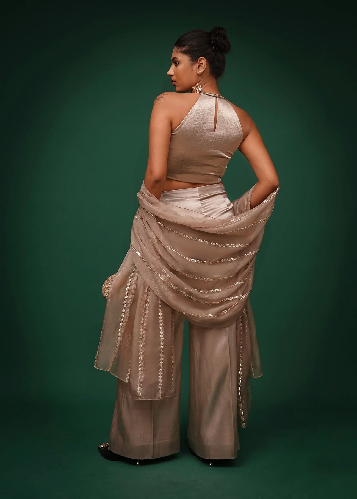 Bronze Hand Embroidered Satin Top and Pants