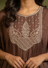 Brown Pitta Work & Zardozi Silk Kaftan Set