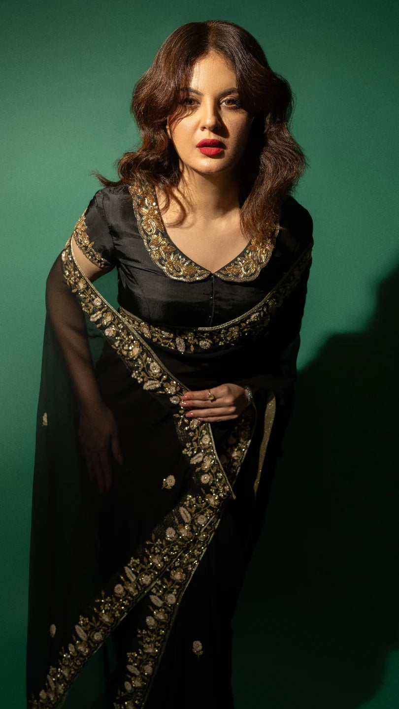 Black Hand Embroidered Saree Organza And Matching Floral Embroidered Blouse