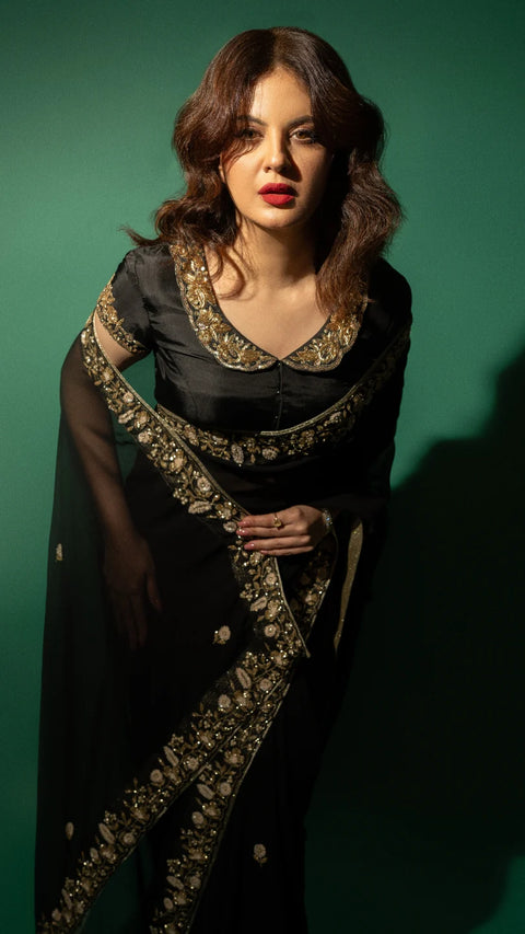 Black Hand Embroidered Saree Organza And Matching Floral Embroidered Blouse -Set of 2