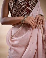 Pink And Maroon Organza Saree With Hand Embroidered Blouse