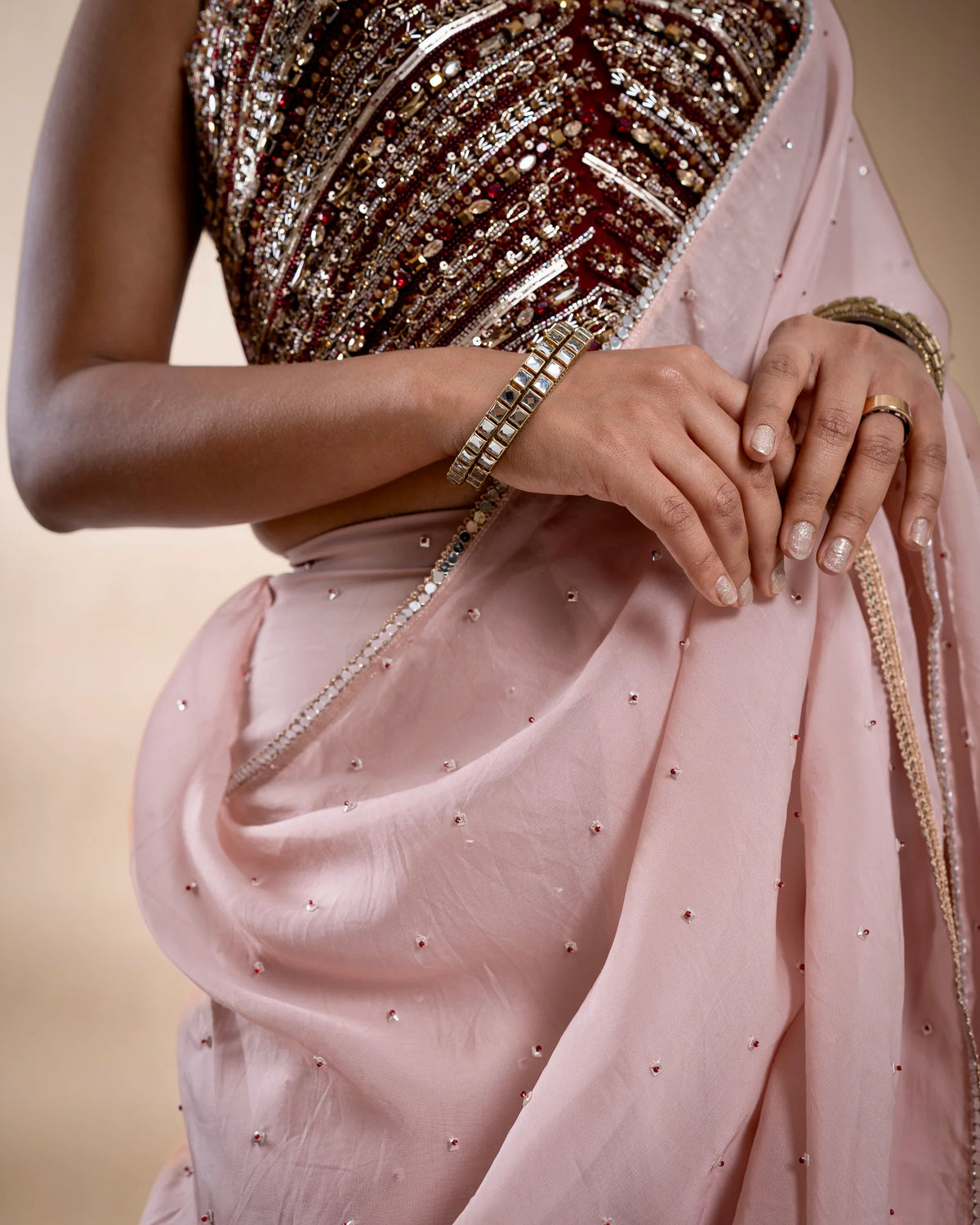 Pink And Maroon Organza Saree With Hand Embroidered Blouse