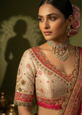 Ivory & Rani Pink Zardozi Handwoven Banarasi Silk Lehenga Set