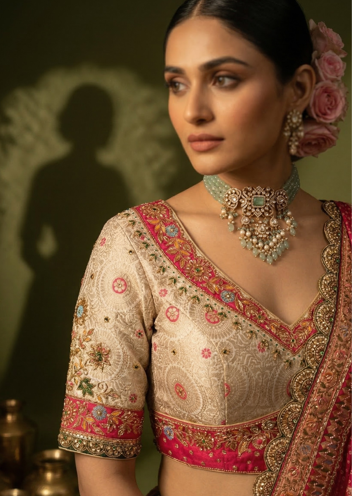 Ivory & Rani Pink Zardozi Handwoven Banarasi Silk Lehenga Set