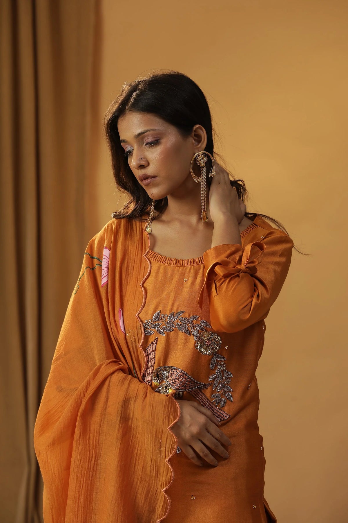 Brunt Orange Bird Embroidered Suit Set