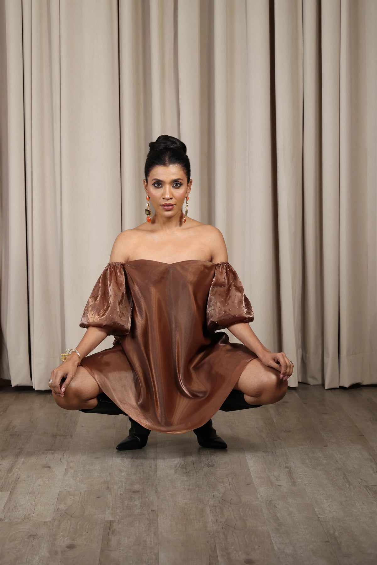 Brown Hand Embroidered Organza Mini Dress