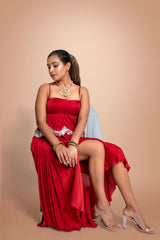 Red Hand Embroidered Satin Top And Skirt
