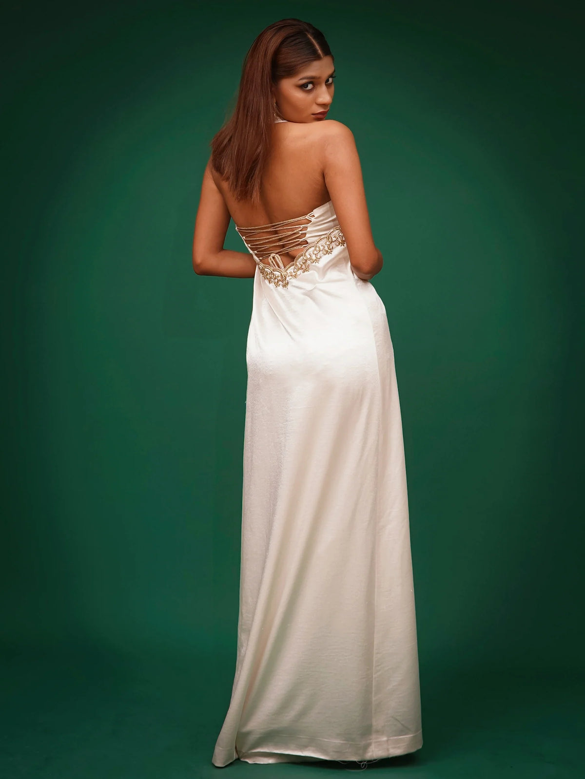White Hand Embroidered Cape With Bustier And Skirt