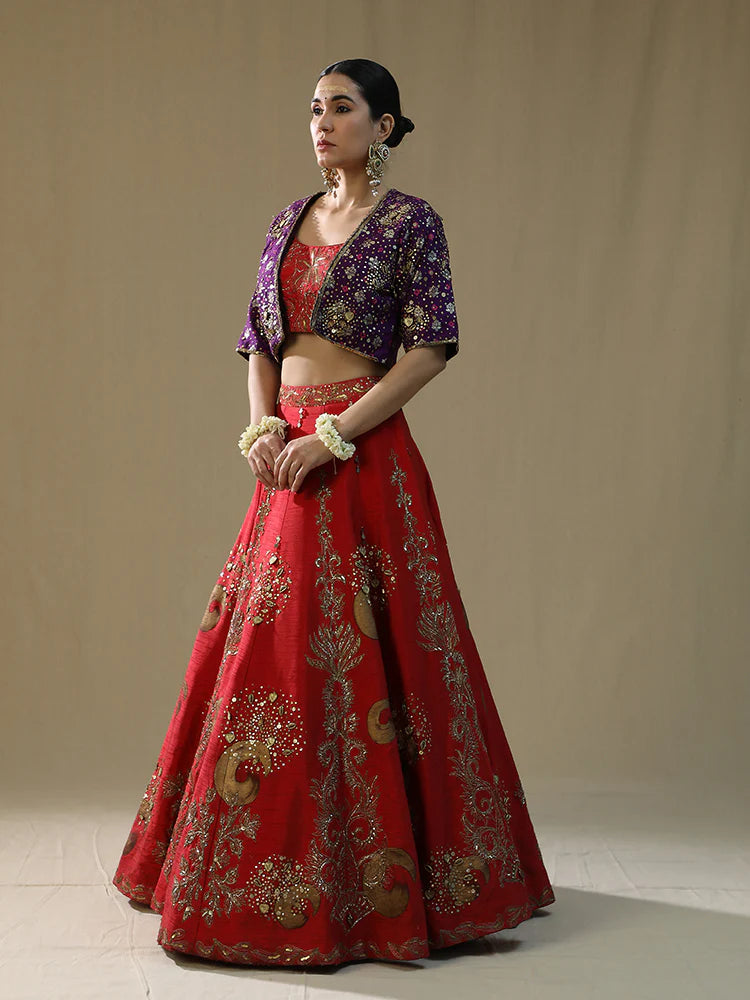 Red Brushstroke Lehenga Set